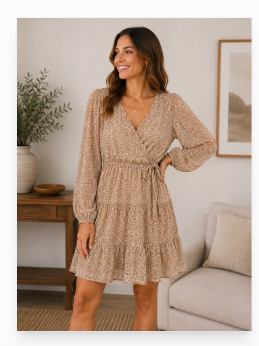 Altar'd State EUC animal print faux wrap long sleeve ruffle tiered mini dress S
